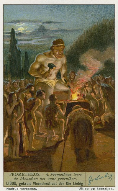 Prometheus teaching man how to use fire by European School